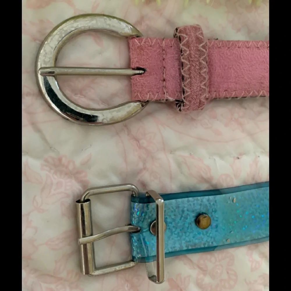 Belt Lot Girls Size 6 Pink Butterfly & Sparkly Blue 2 PCS Velvet Rubber Buckle